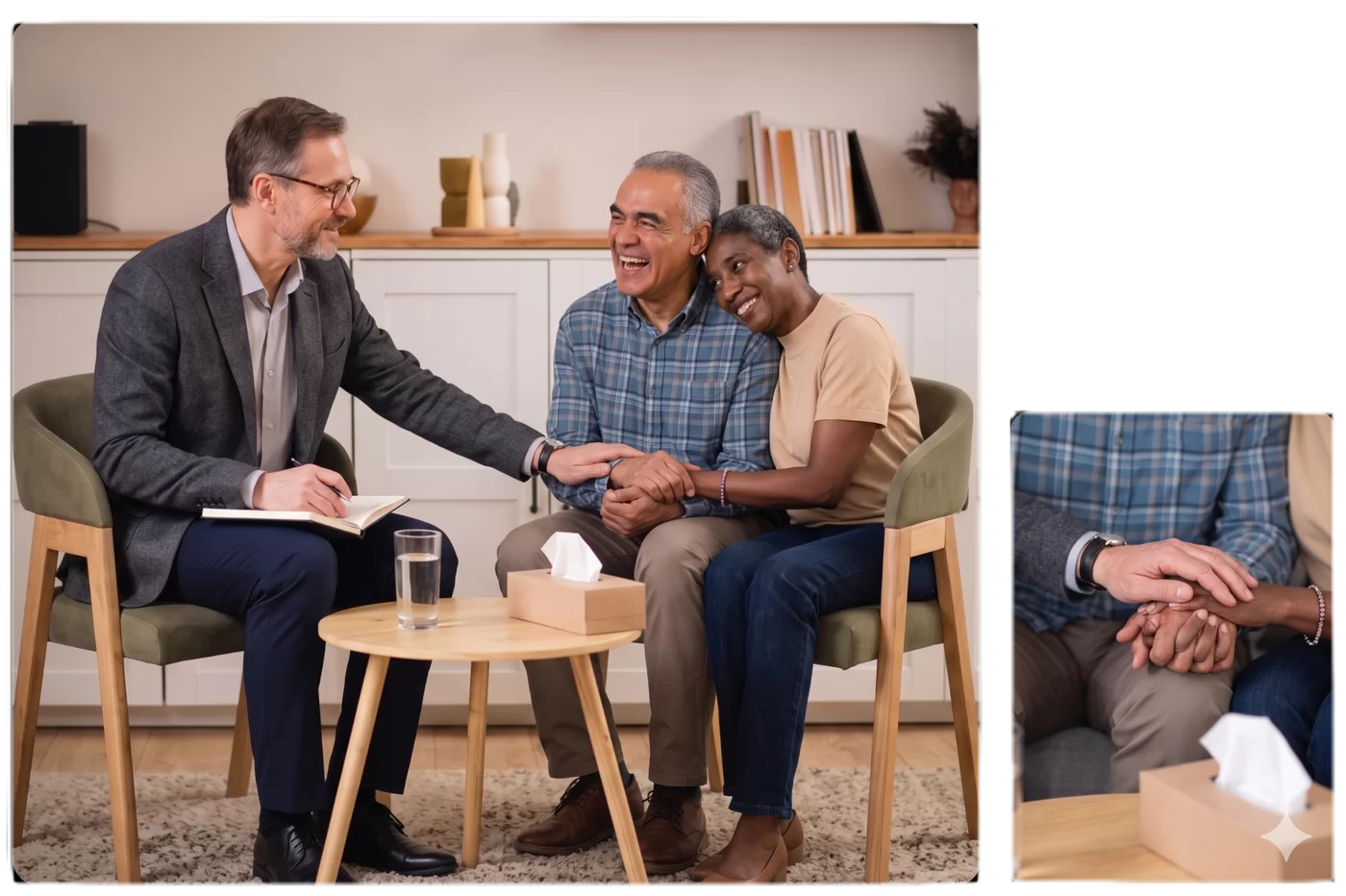 Couple in therapy session, holding hands.