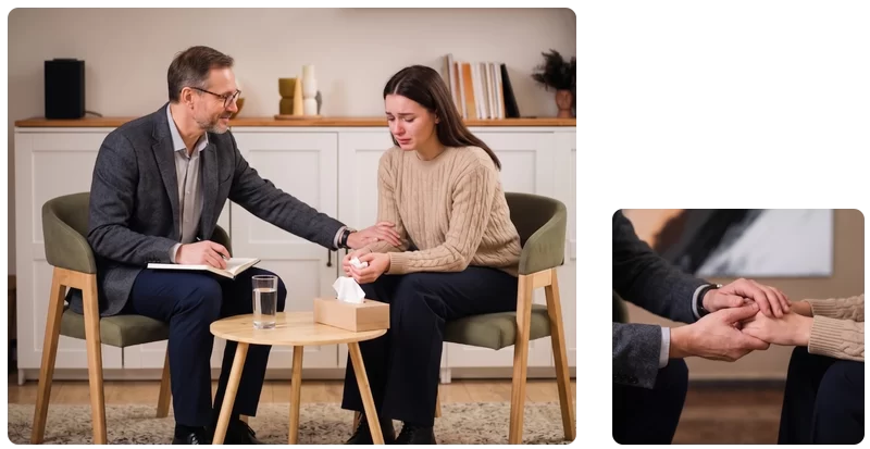 Therapist comforting a distressed client.