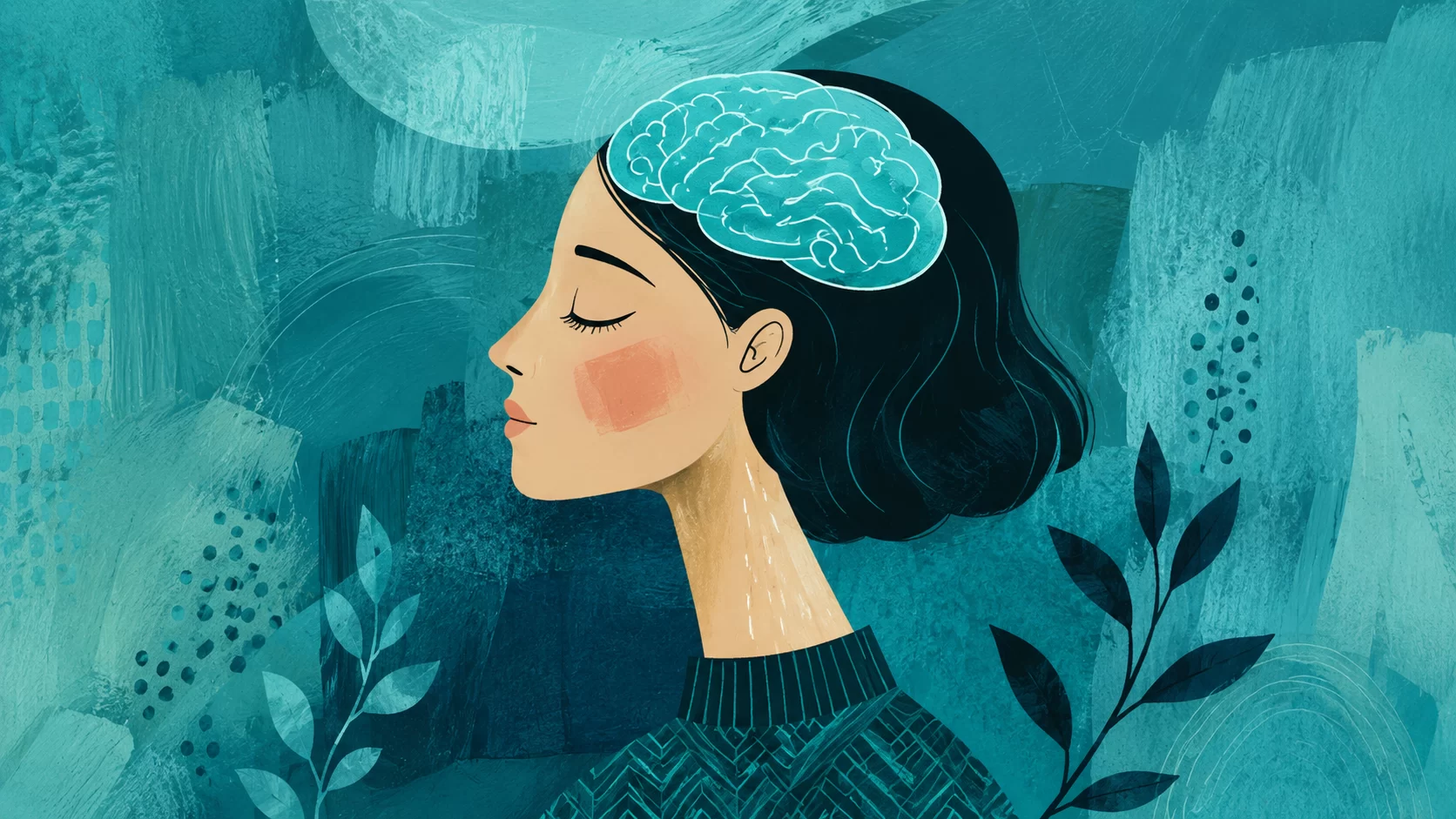 Woman with brain illustration in profile