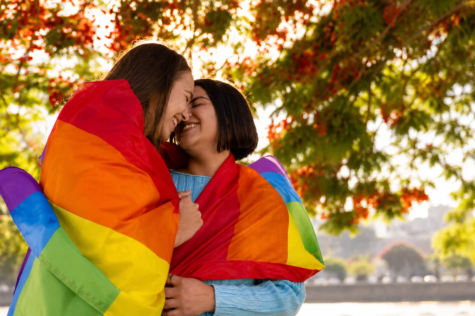 Two LGBTQ+ individuals wrapped in a rainbow Pride flag sharing a joyful and supportive moment outdoors.